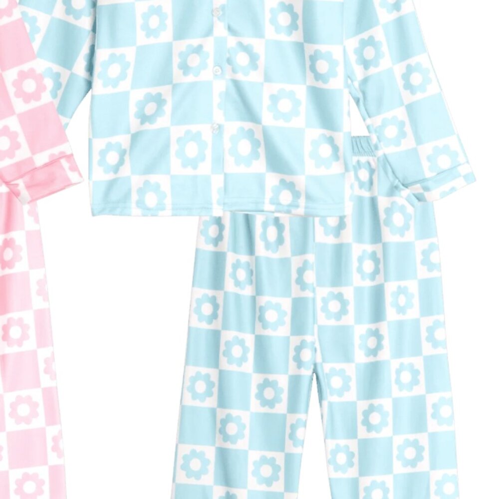 Flannel Fleece Long Sleeve Pajama Set Blue